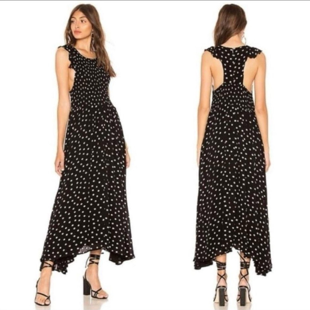 NWT Free People Chambray Butterflies Midi Dress Polka Dot Printed Smocked - XS